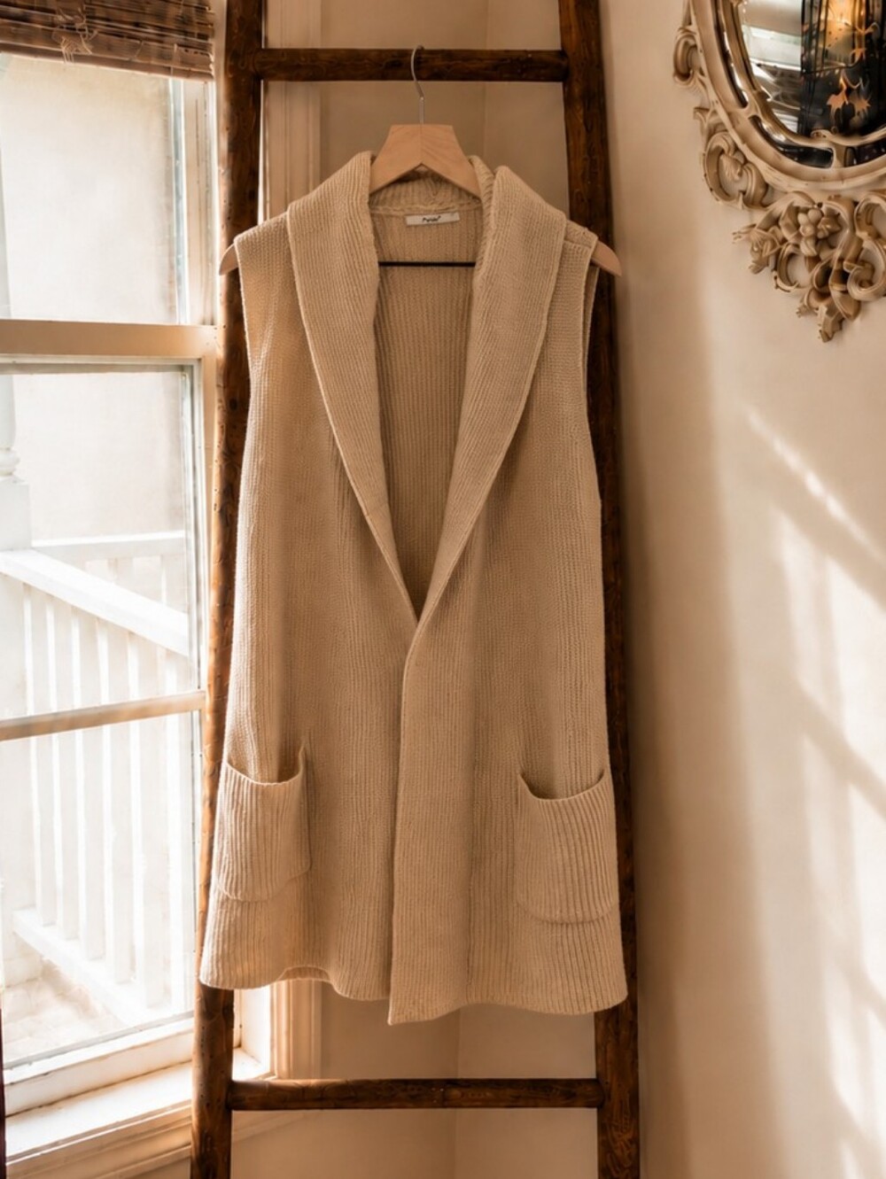 Creamy Knit Sweater Vest Cardigan Chunky Open Front Pockets